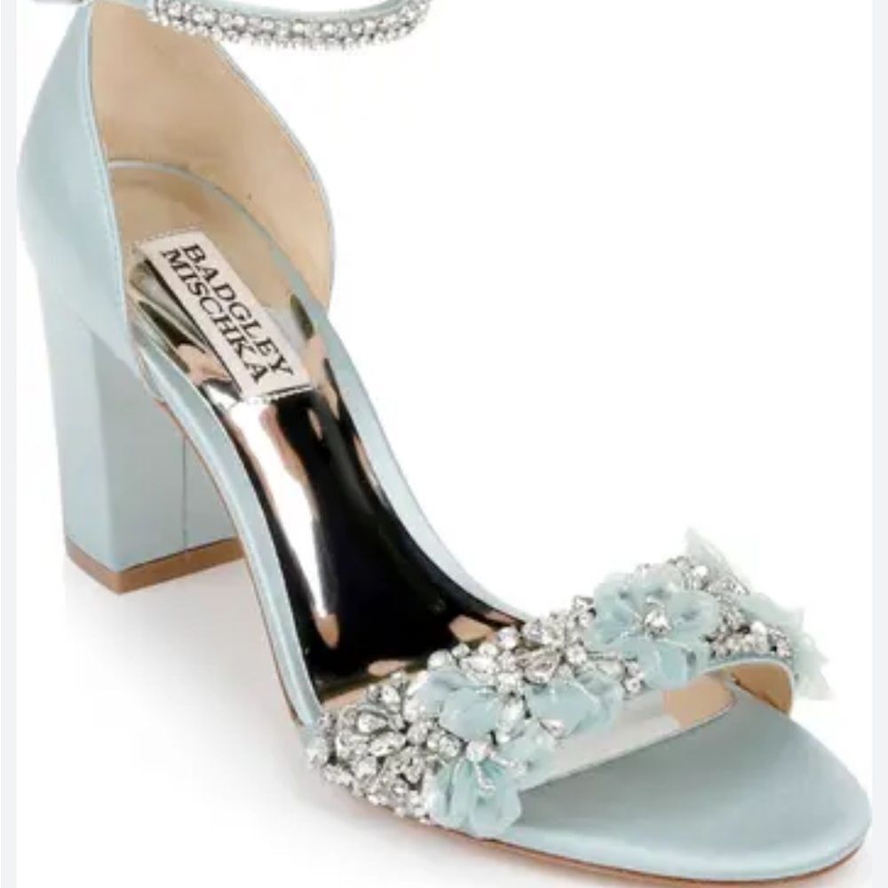 Badgley Mischka Clara embellished strap block heel blue satin heel Size 6 $235